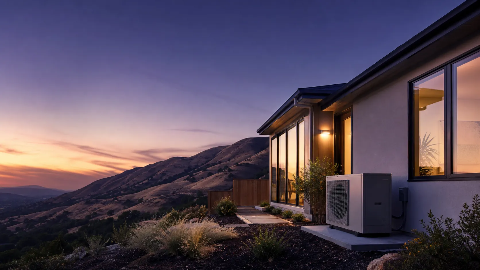 Modern Fremont home with a high-efficiency outdoor heat pump condenser at dusk, the golden East Bay hills of Mission Peak rising behind it.